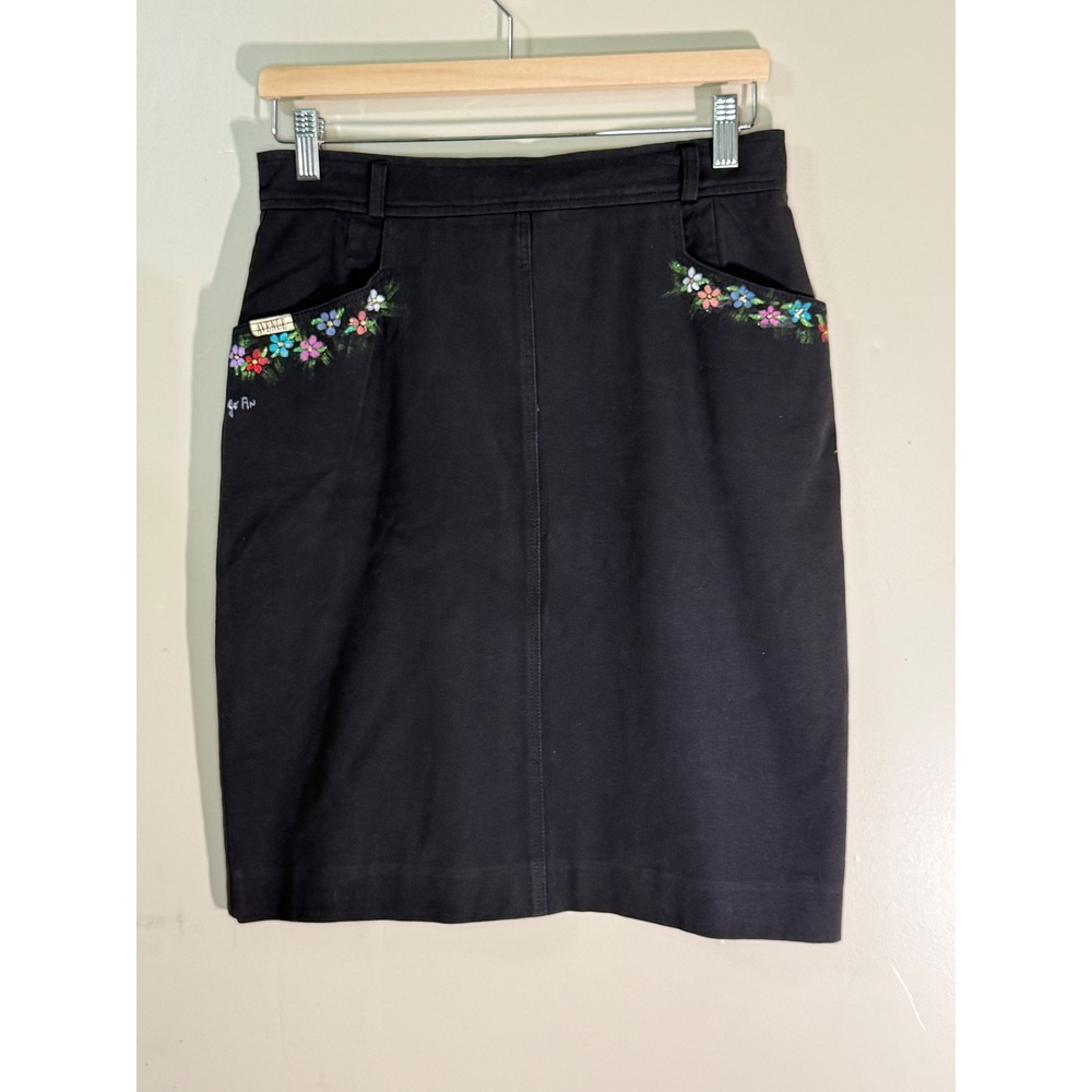 Avenue Vintage Black High Waisted Pencil Skirt Hand Painted Floral Pockets Sz 10